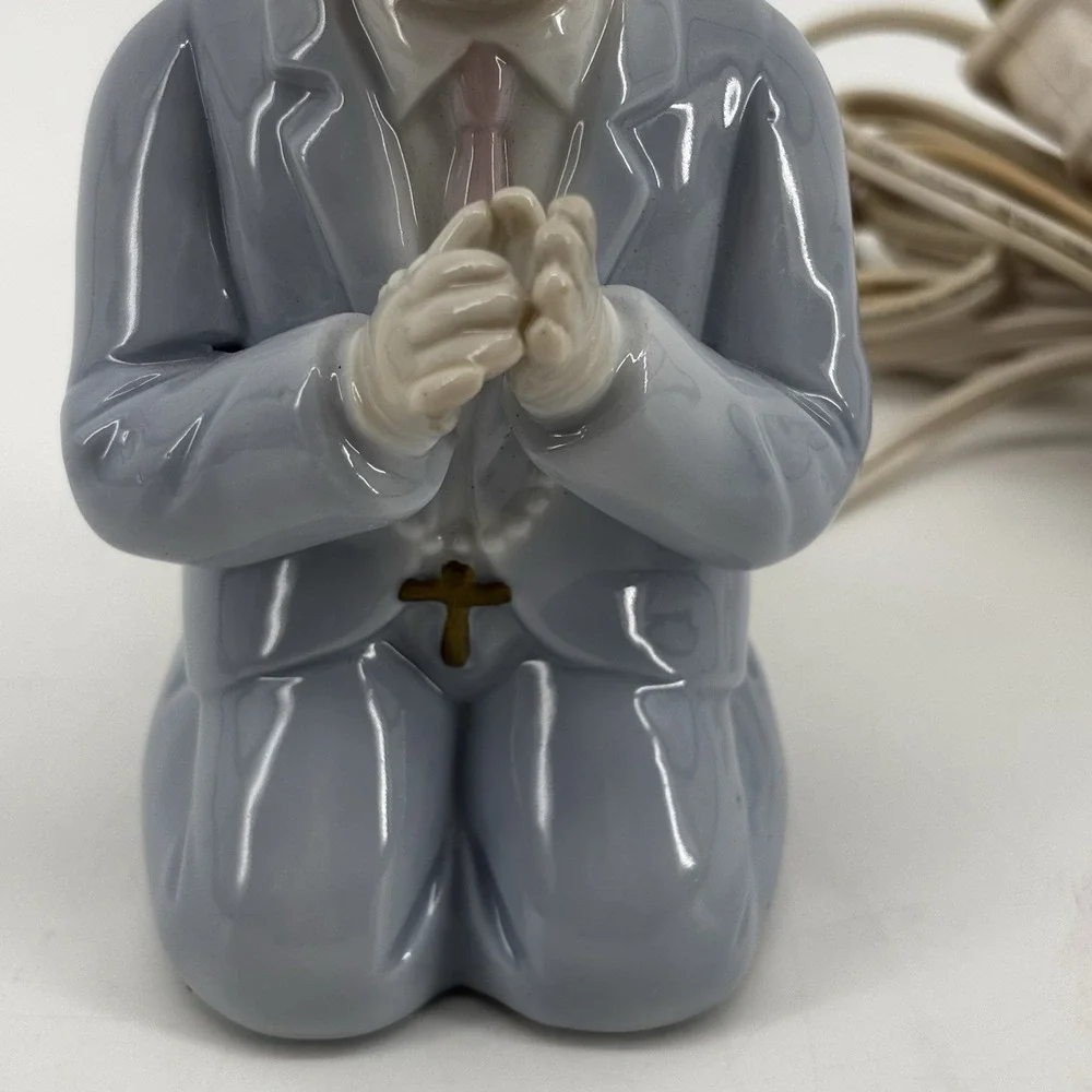 Vintage Nursery Night Light Bisque Porcelain Lamp Boy Praying Rosary